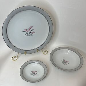 Noritake China Lily Bell Japan 3 Piece Place Setting Pink White Silver Trimmed